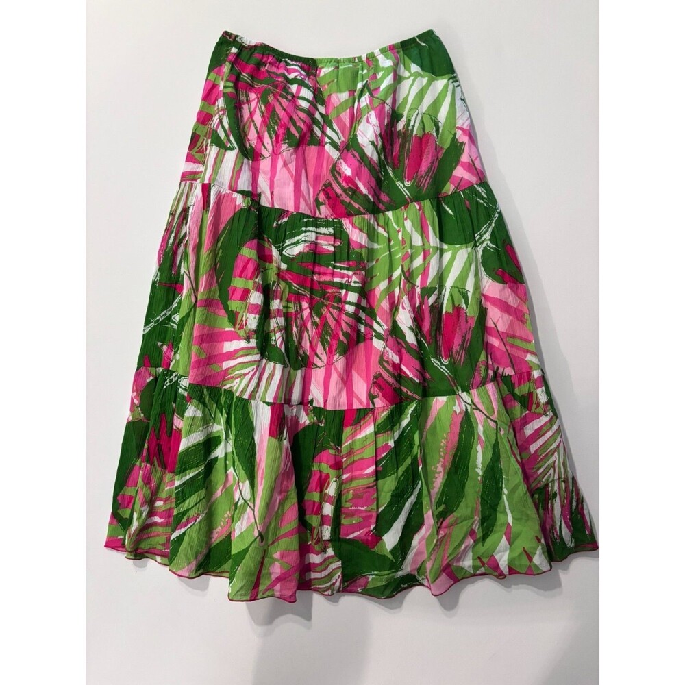 Ruby Rd Skirt Womens 6 Maxi Floral Pink Green Crinkle Tiered Flowy Cocoa Beach - Picture 8 of 13
